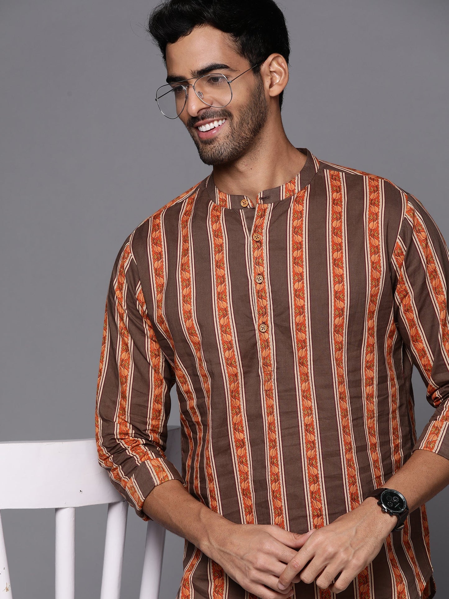Indo Era Brown Striped Cotton Straight Kurtas