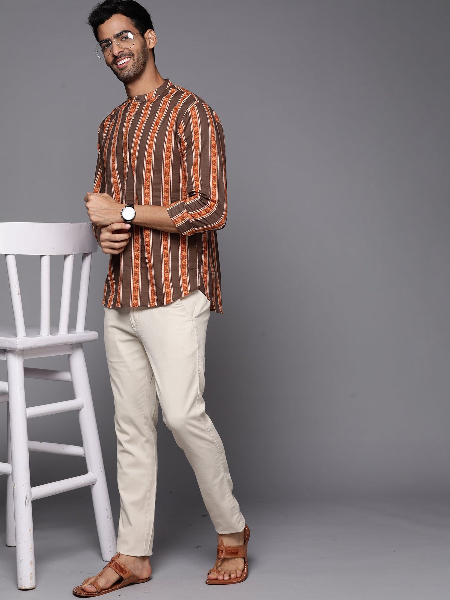 Indo Era Brown Striped Cotton Straight Kurtas