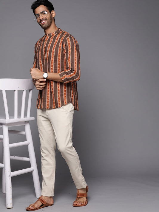 Indo Era Brown Striped Cotton Straight Kurtas