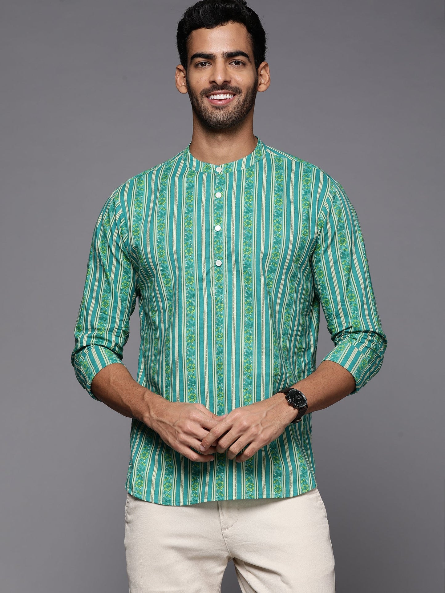 Indo Era Green Striped Cotton Straight Kurtas