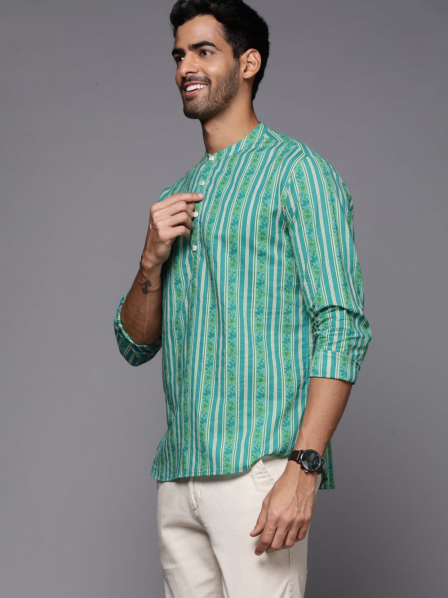 Indo Era Green Striped Cotton Straight Kurtas