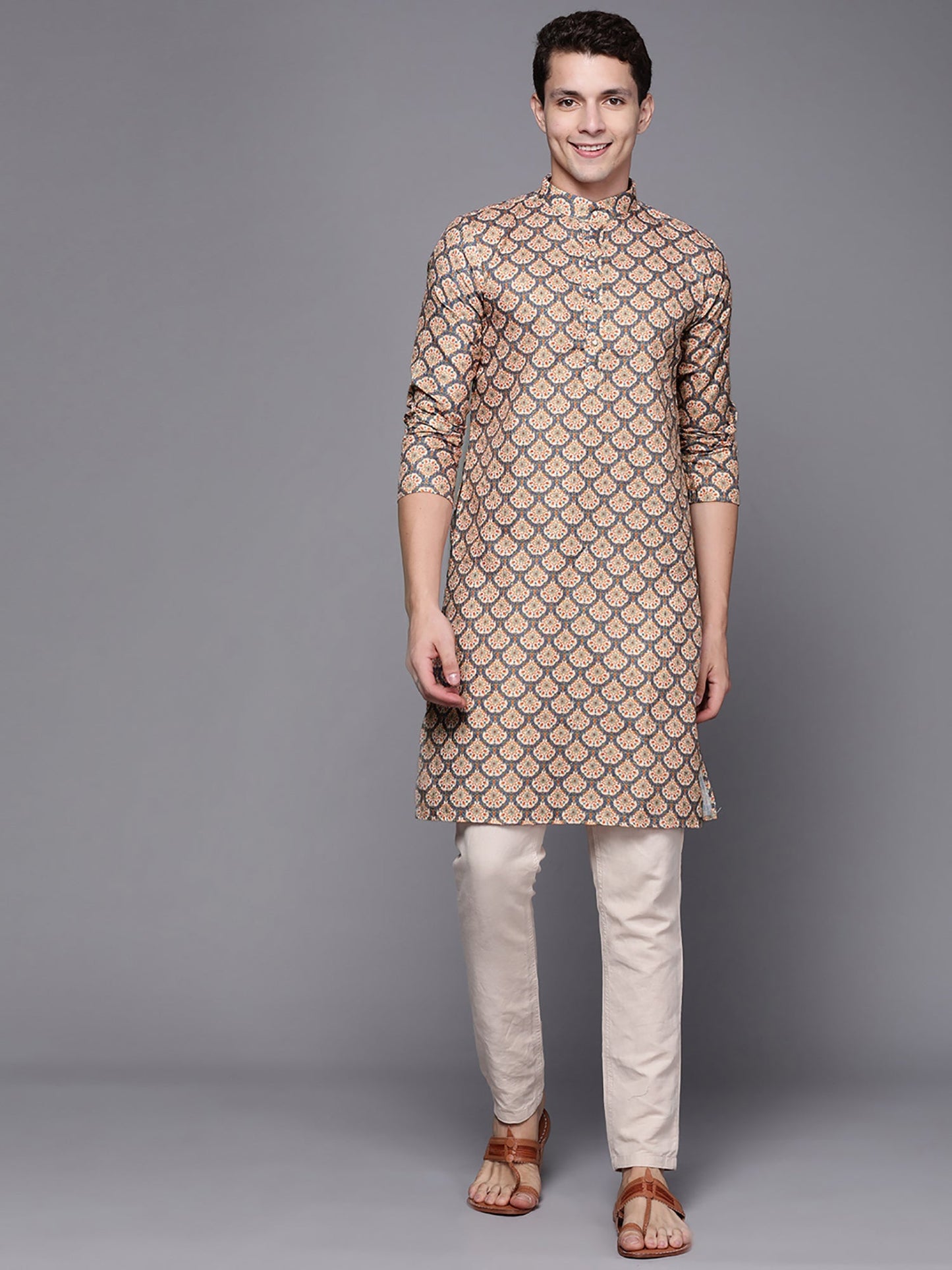 Indo Era Beige Ethnic Motifs Cotton Straight Kurtas