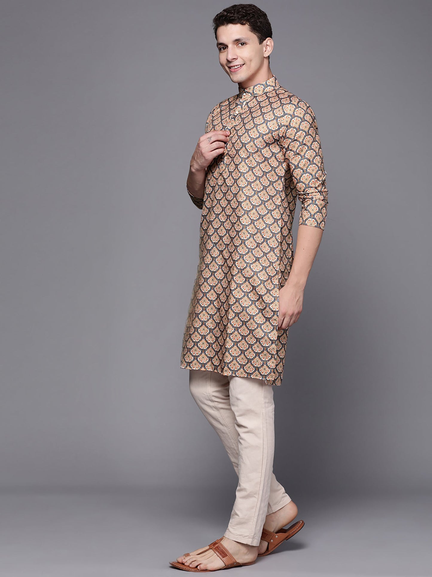 Indo Era Beige Ethnic Motifs Cotton Straight Kurtas