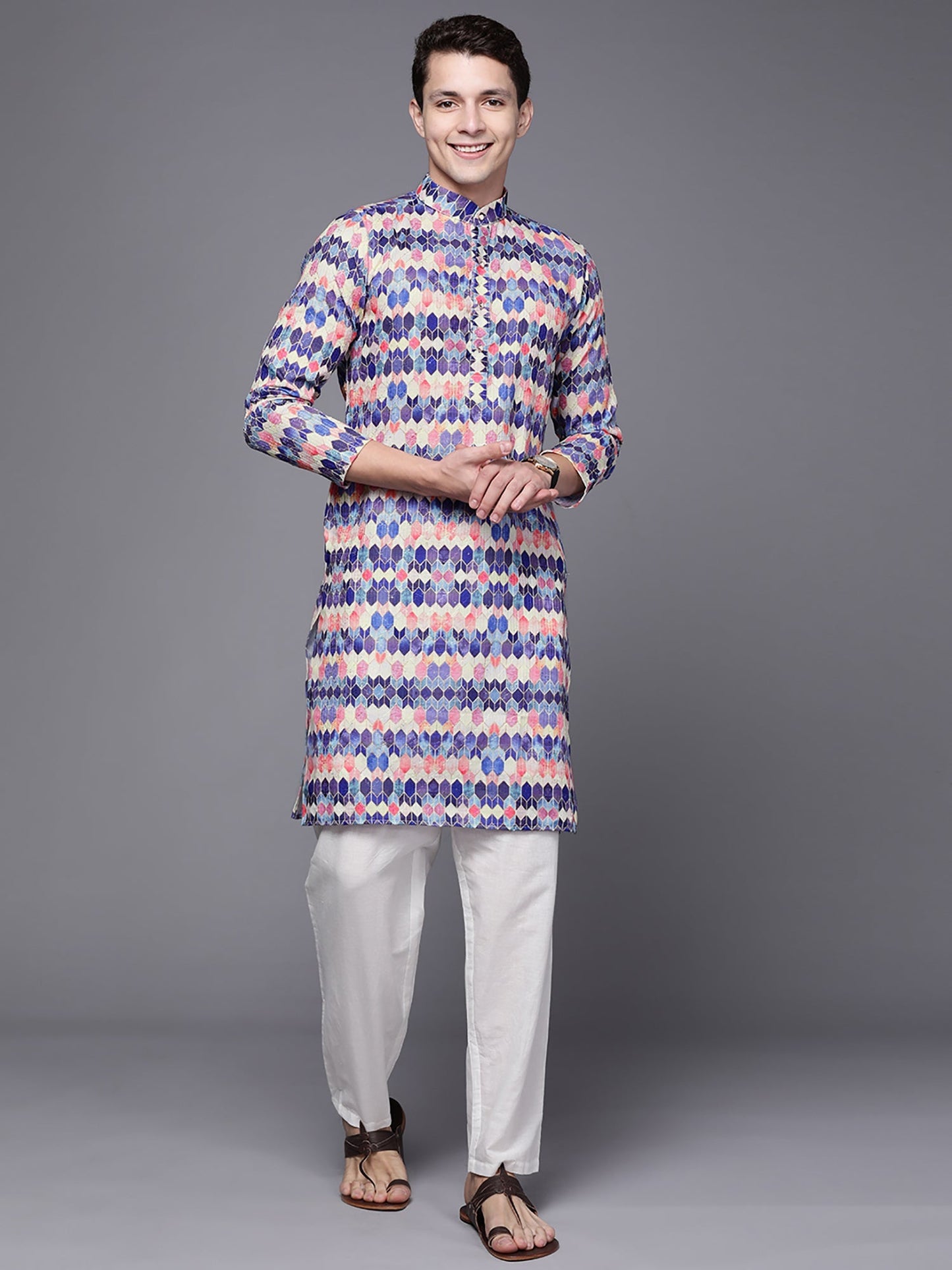 Indo Era Blue Ethnic Motifs Cotton Straight Kurtas