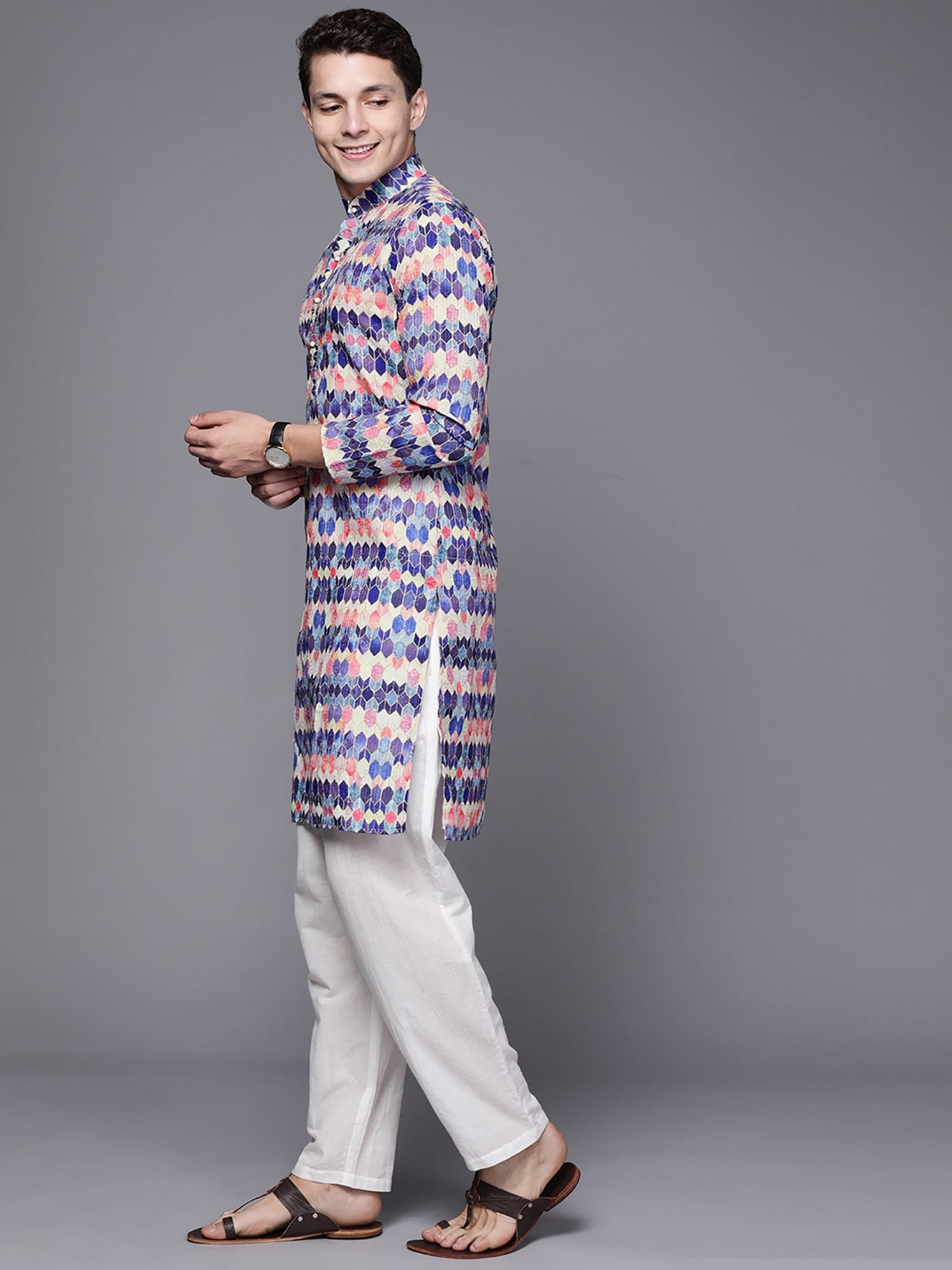 Indo Era Blue Ethnic Motifs Cotton Straight Kurtas