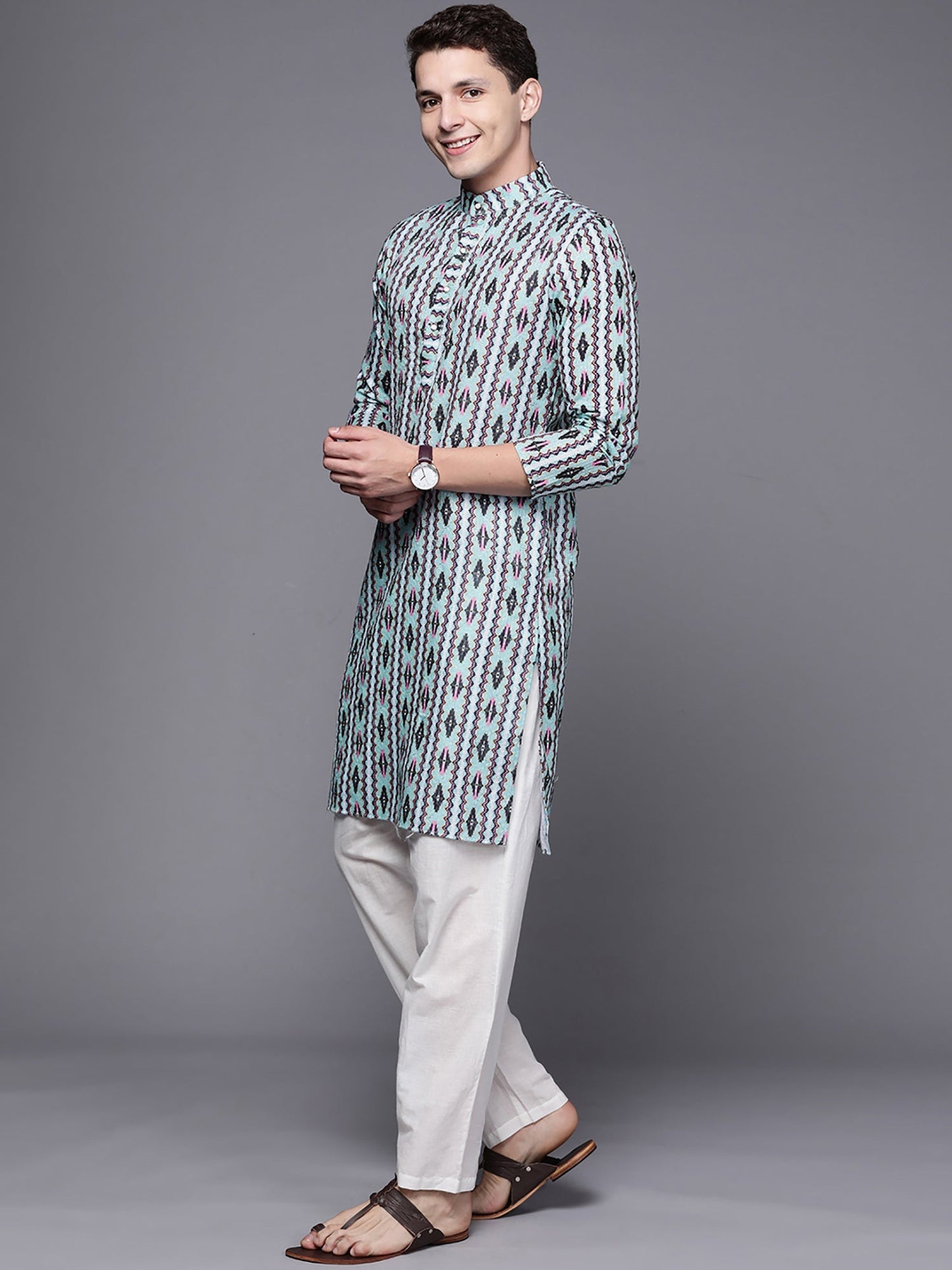 Indo Era Blue Ethnic Motifs Cotton Straight Kurtas
