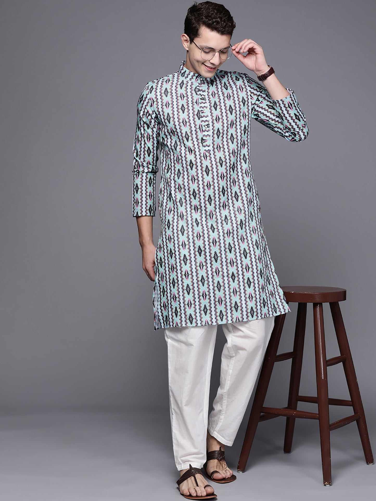 Indo Era Blue Ethnic Motifs Cotton Straight Kurtas