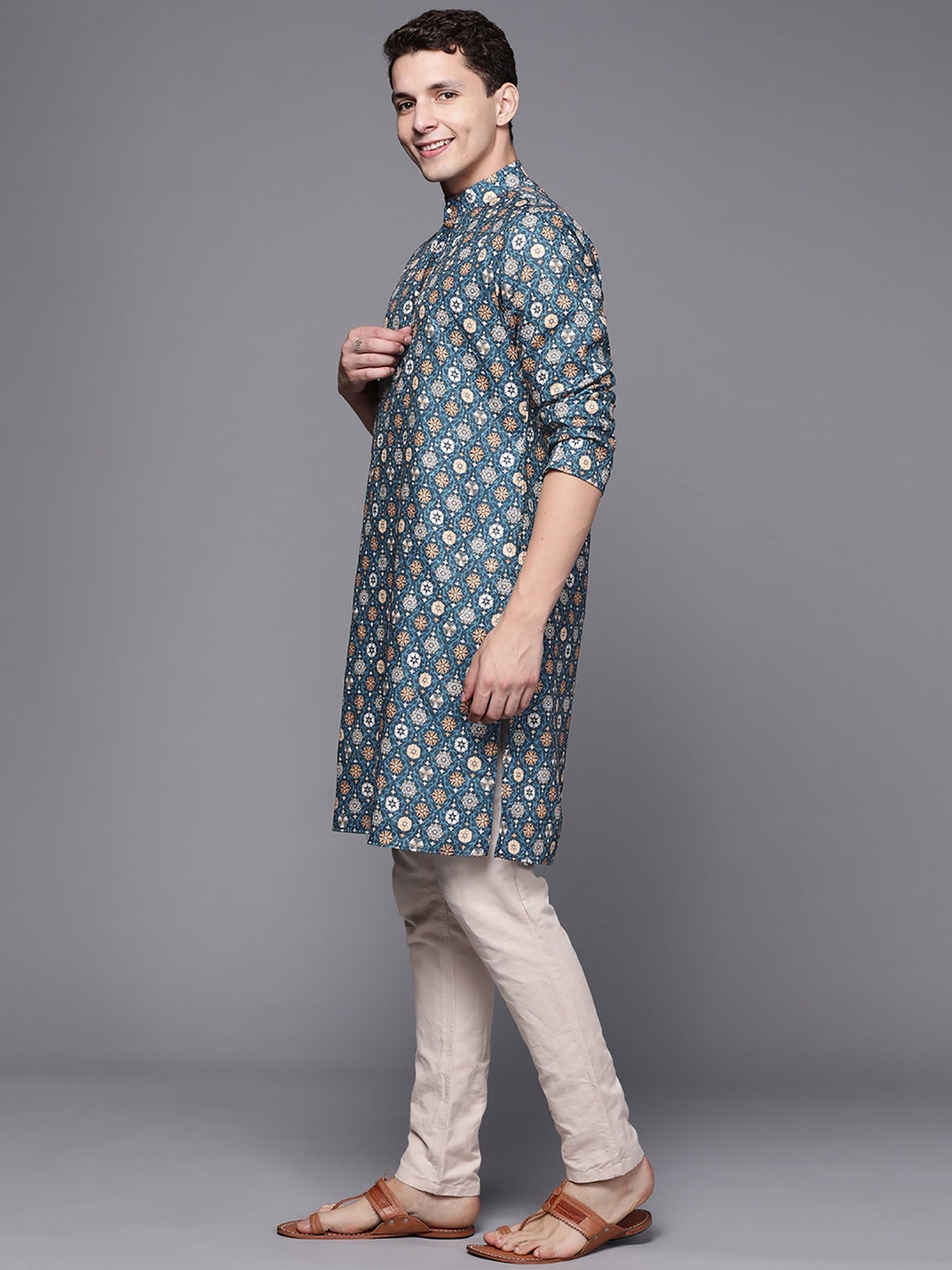 Indo Era Blue Ethnic Motifs Cotton Straight Kurtas