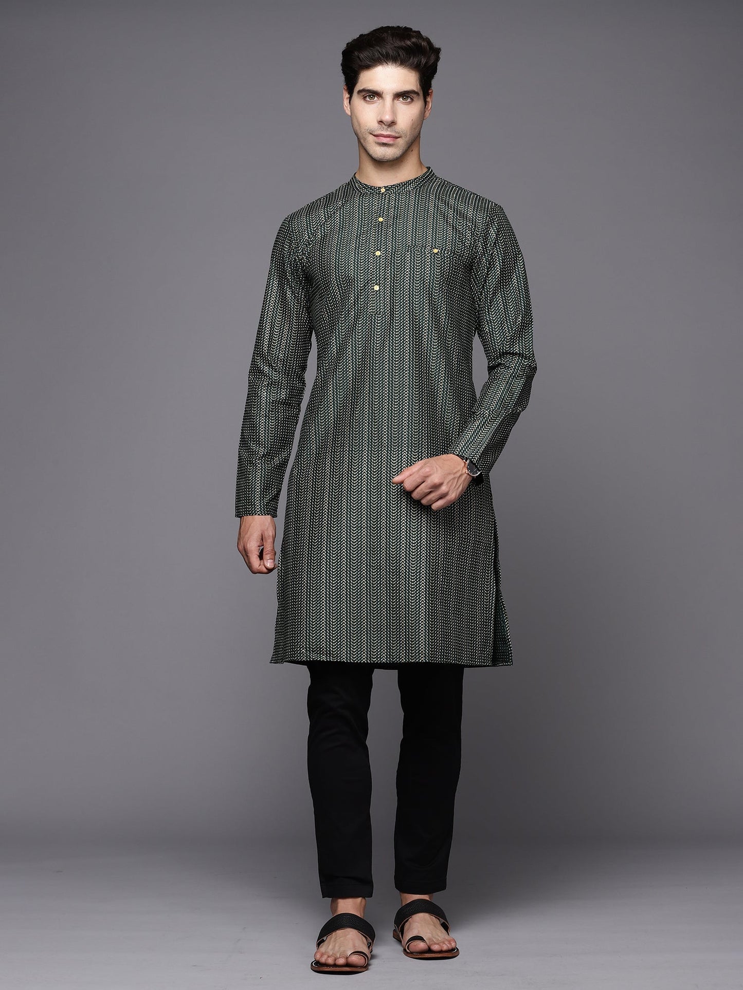 Indo Era Green Herringbone Cotton Straight Kurtas