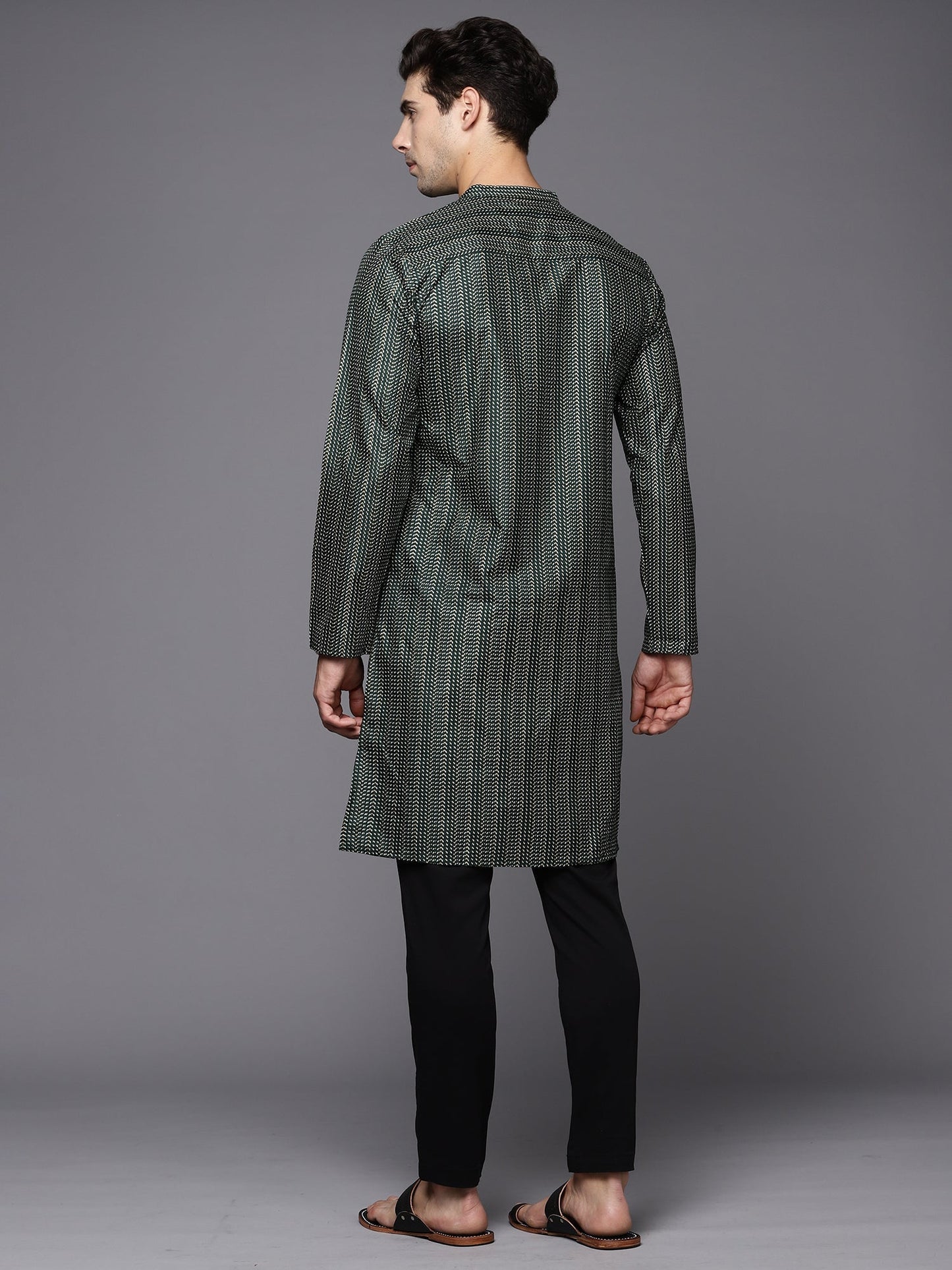 Indo Era Green Herringbone Cotton Straight Kurtas