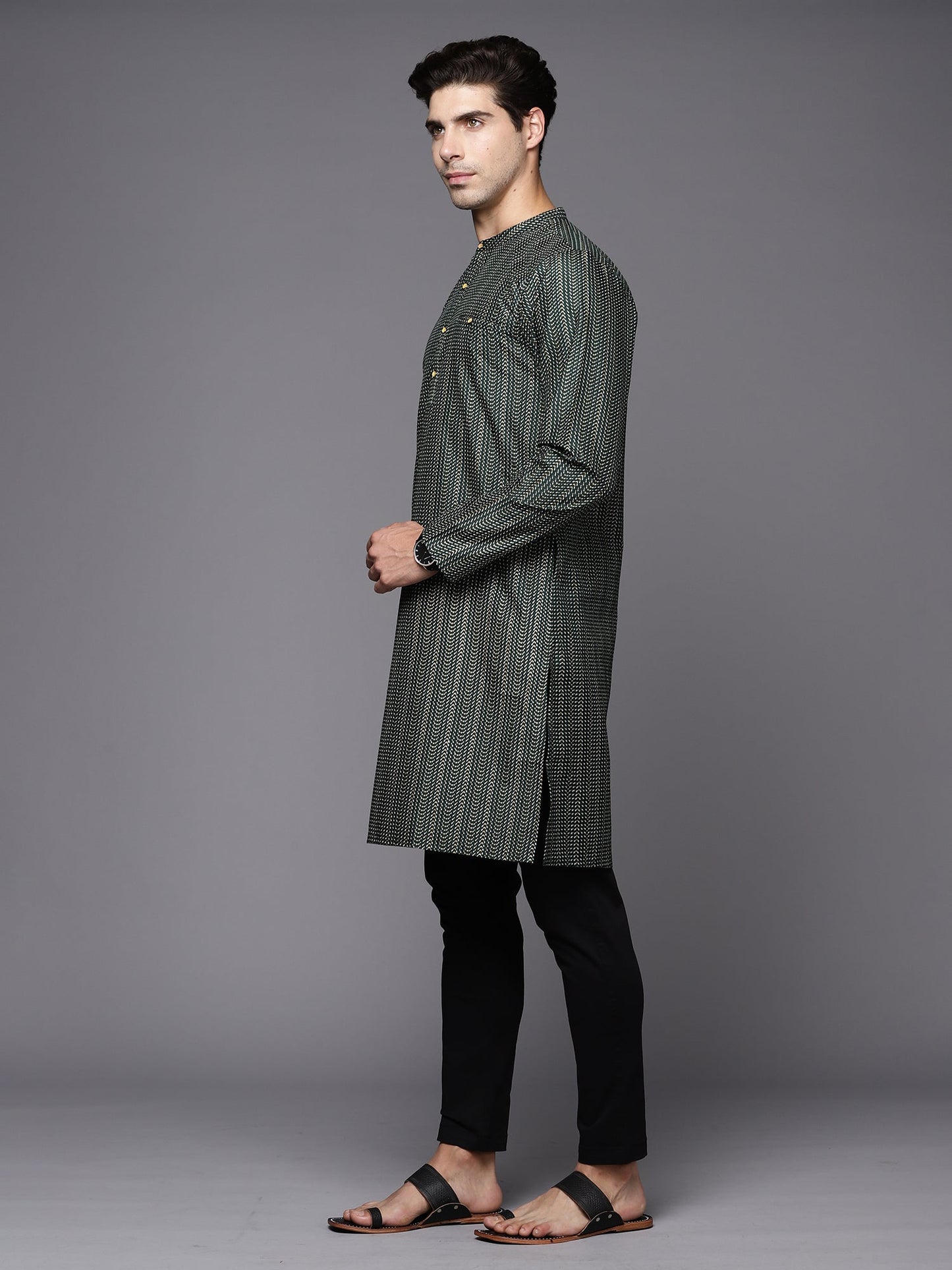 Indo Era Green Herringbone Cotton Straight Kurtas