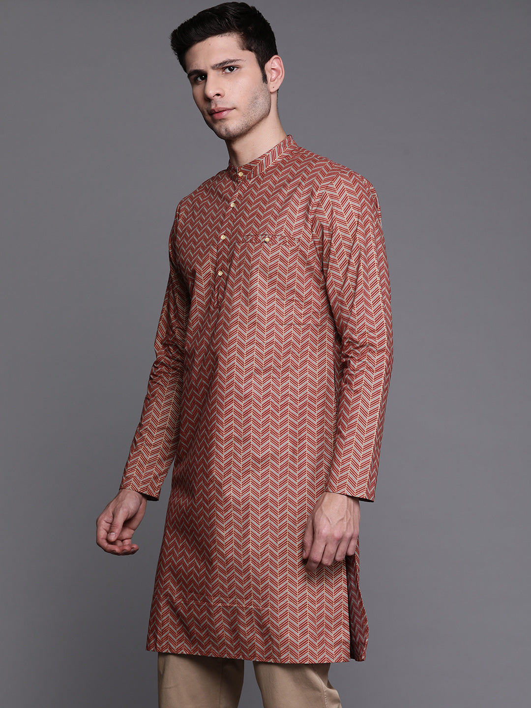 Indo Era Grey Herringbone Cotton Straight Kurtas
