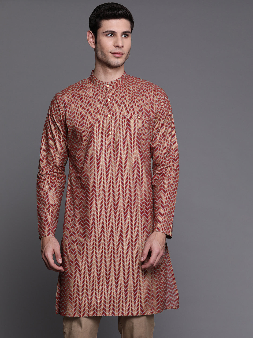 Indo Era Grey Herringbone Cotton Straight Kurtas