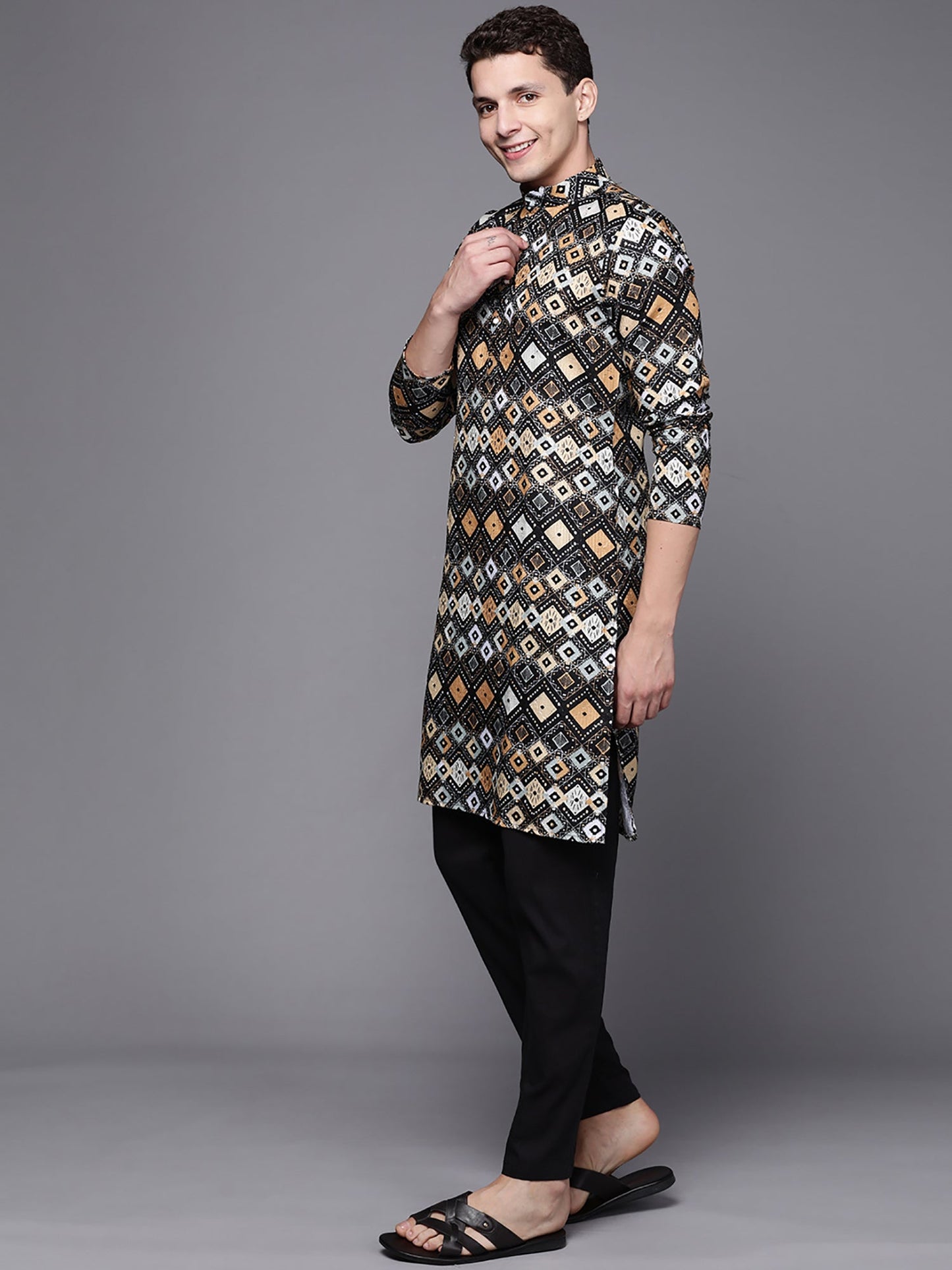 Indo Era Grey Ethnic Motifs Cotton Straight Kurtas
