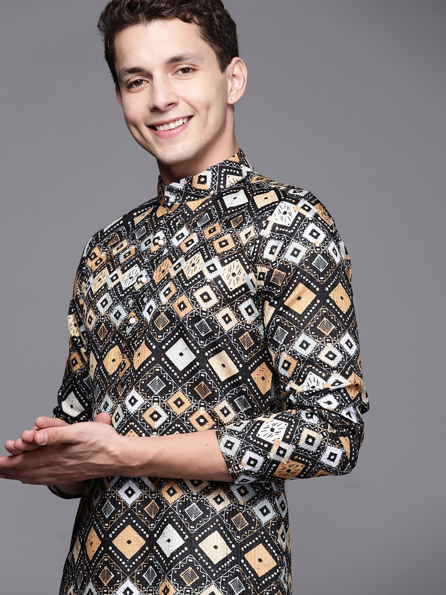 Indo Era Grey Ethnic Motifs Cotton Straight Kurtas