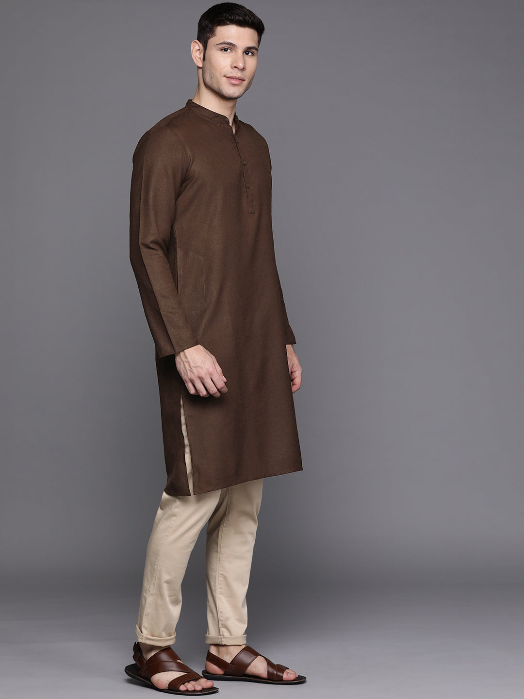 Brown Solid Cotton Blend Straight Kurtas