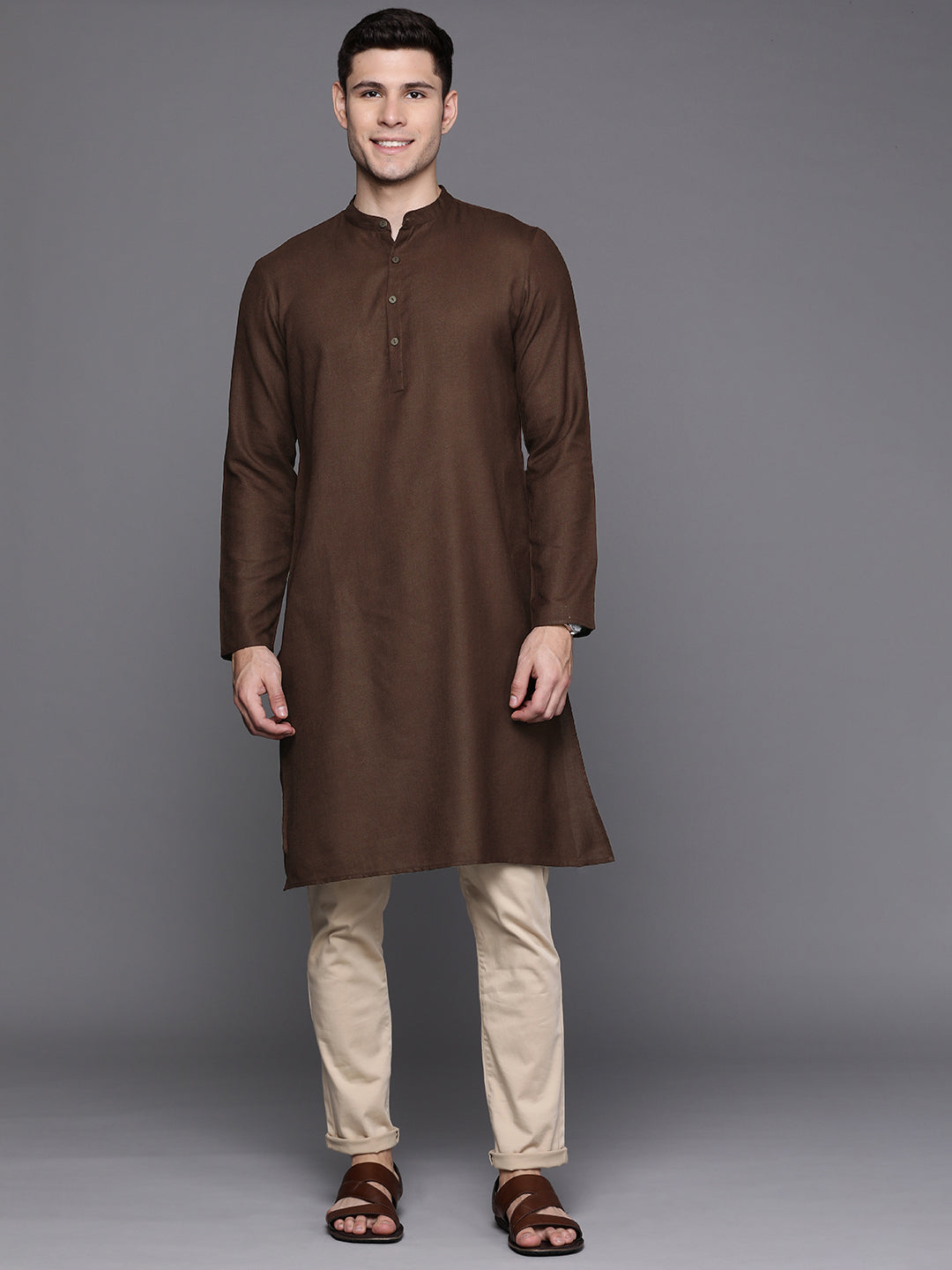 Brown Solid Cotton Blend Straight Kurtas