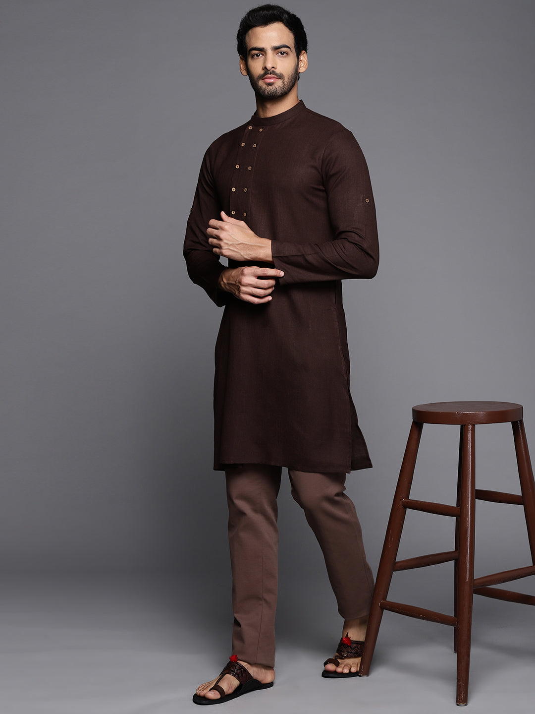 Brown Embroidered Cotton Straight Kurtas