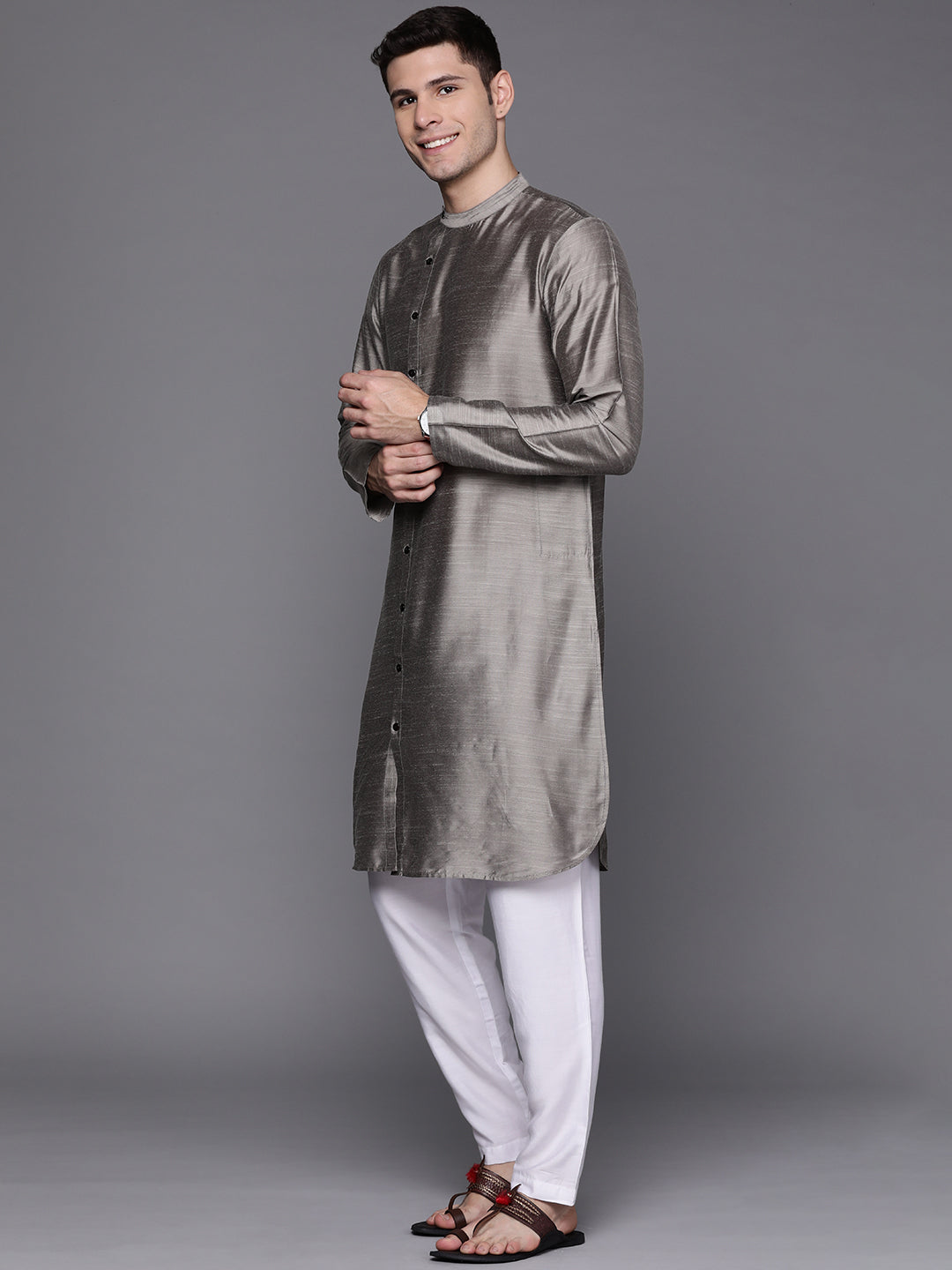 Indo Era Grey Solid Liva Straight Kurtas