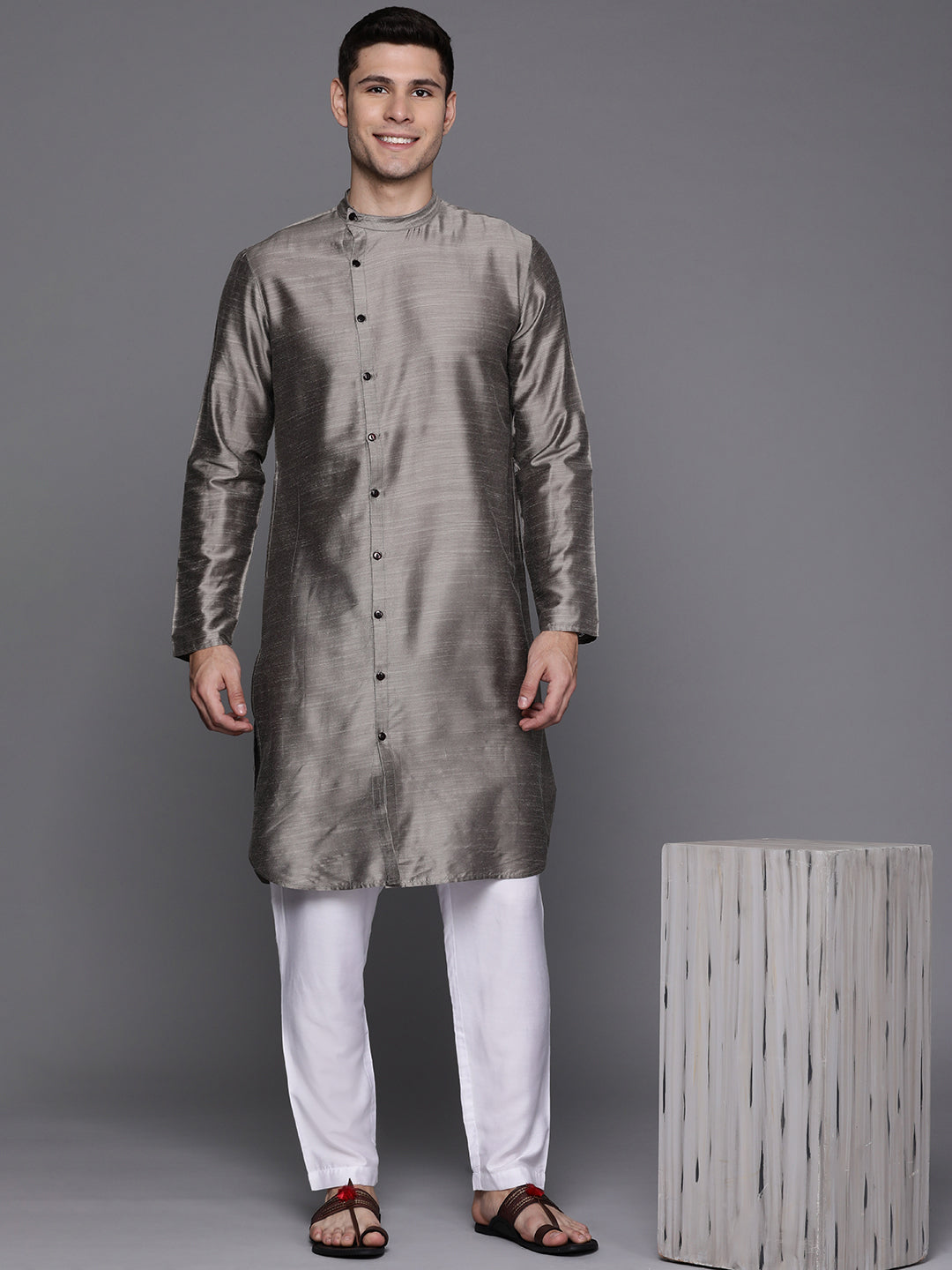 Indo Era Grey Solid Liva Straight Kurtas