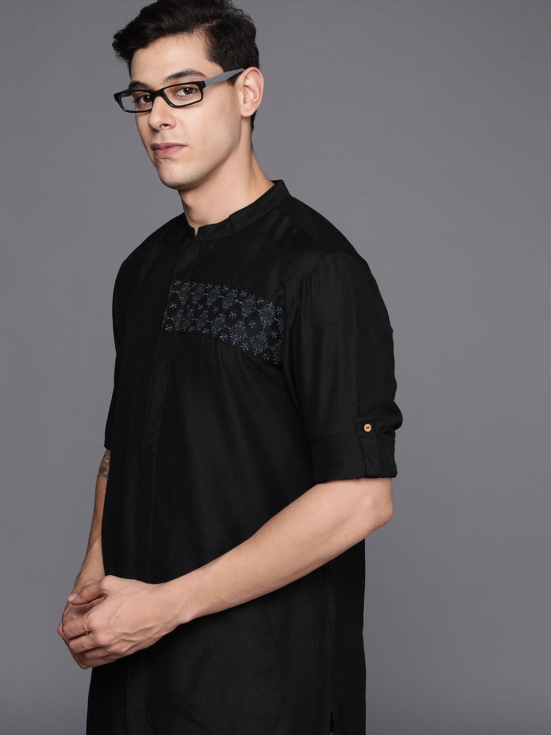 Indo Era Black Embroidered Cotton Straight Kurtas