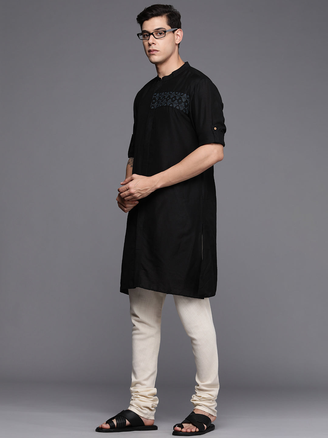 Indo Era Black Embroidered Cotton Straight Kurtas