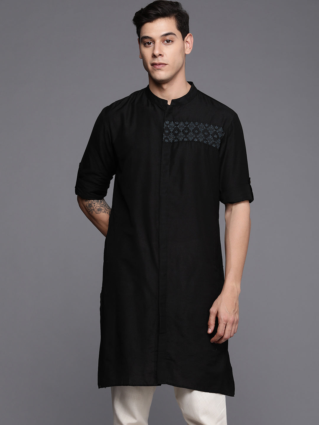 Indo Era Black Embroidered Cotton Straight Kurtas