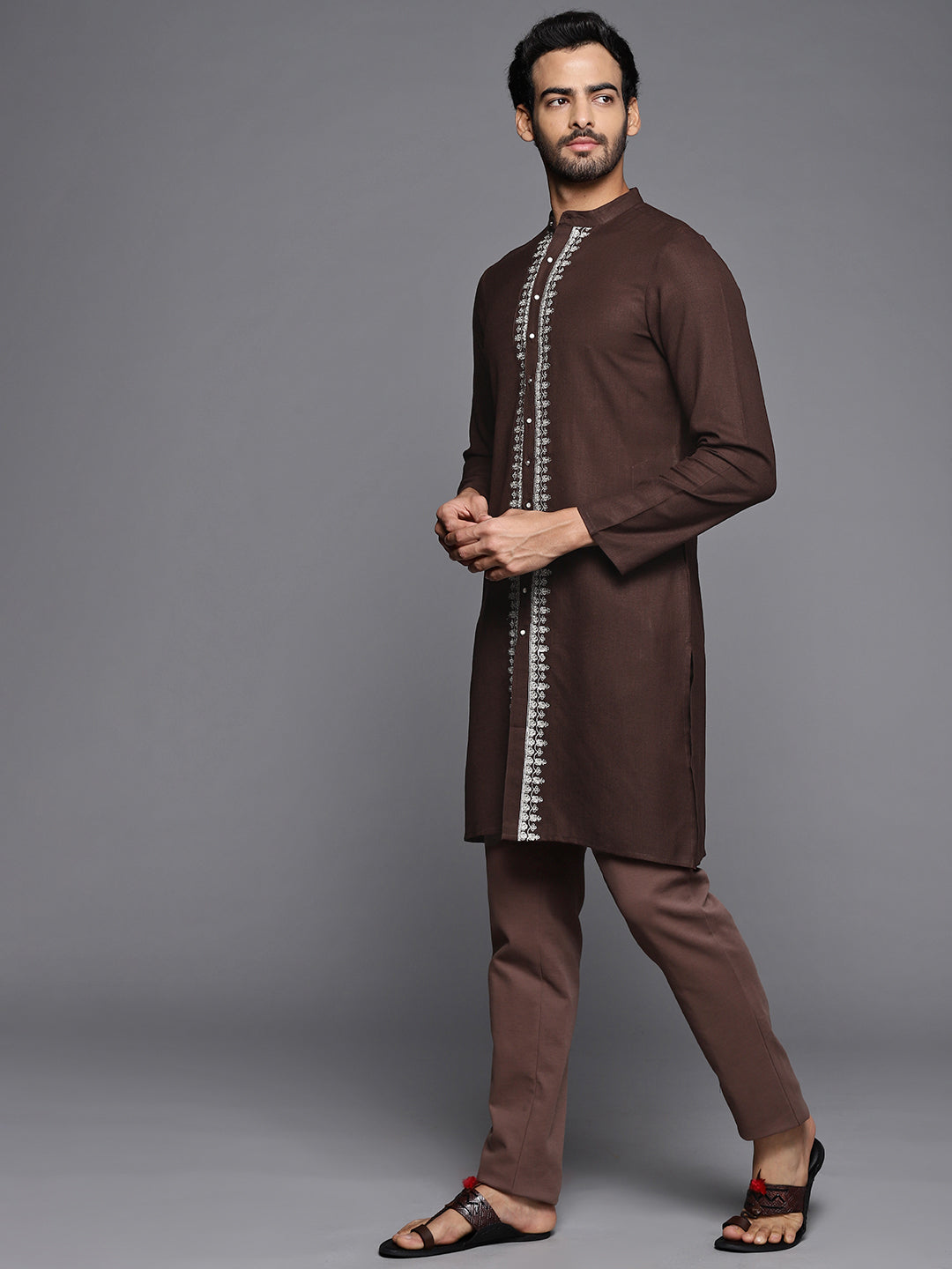 Indo Era Brown Embroidered Cotton Straight Kurtas