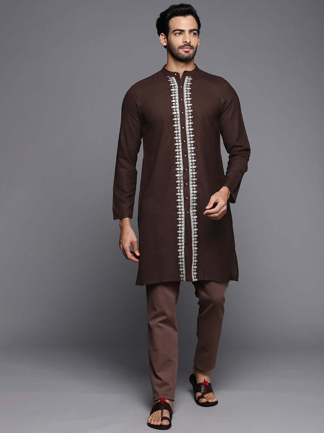 Indo Era Brown Embroidered Cotton Straight Kurtas