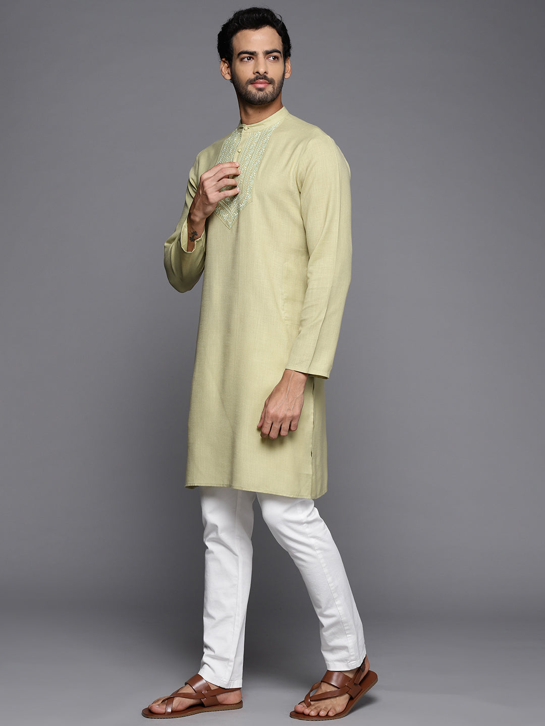 Indo Era Green Embroidered Cotton Straight Kurtas