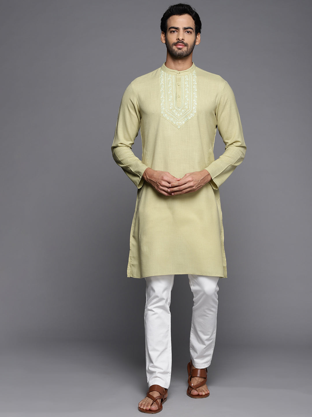Indo Era Green Embroidered Cotton Straight Kurtas