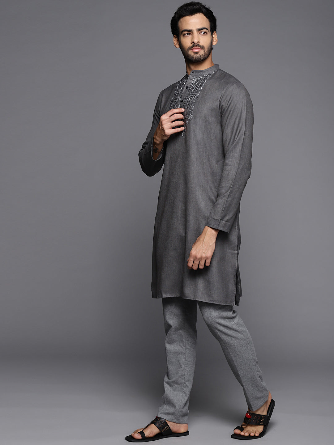 Indo Era Grey Embroidered Cotton Straight Kurtas