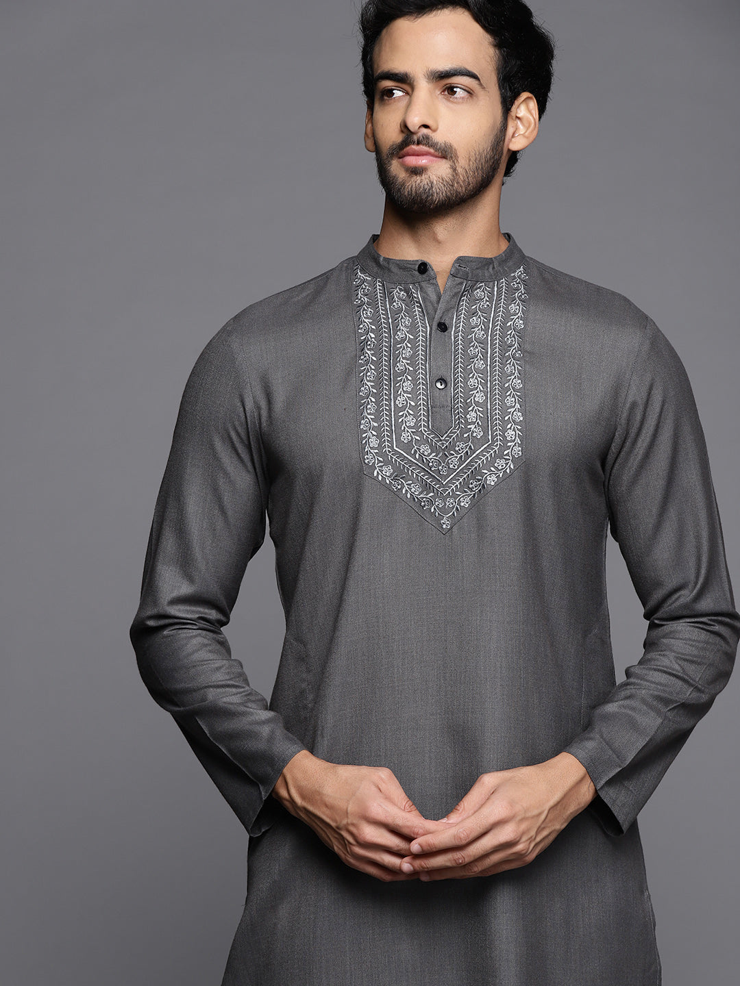 Indo Era Grey Embroidered Cotton Straight Kurtas