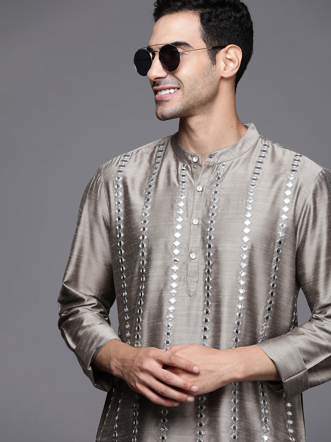 Grey Embroidered Cotton Blend Straight Kurtas