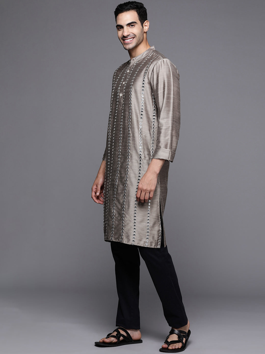 Grey Embroidered Cotton Blend Straight Kurtas