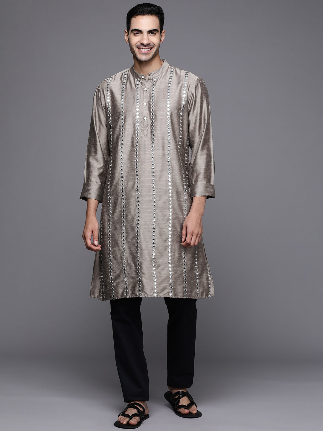 Grey Embroidered Cotton Blend Straight Kurtas