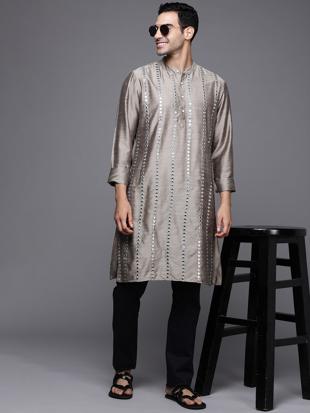 Grey Embroidered Cotton Blend Straight Kurtas