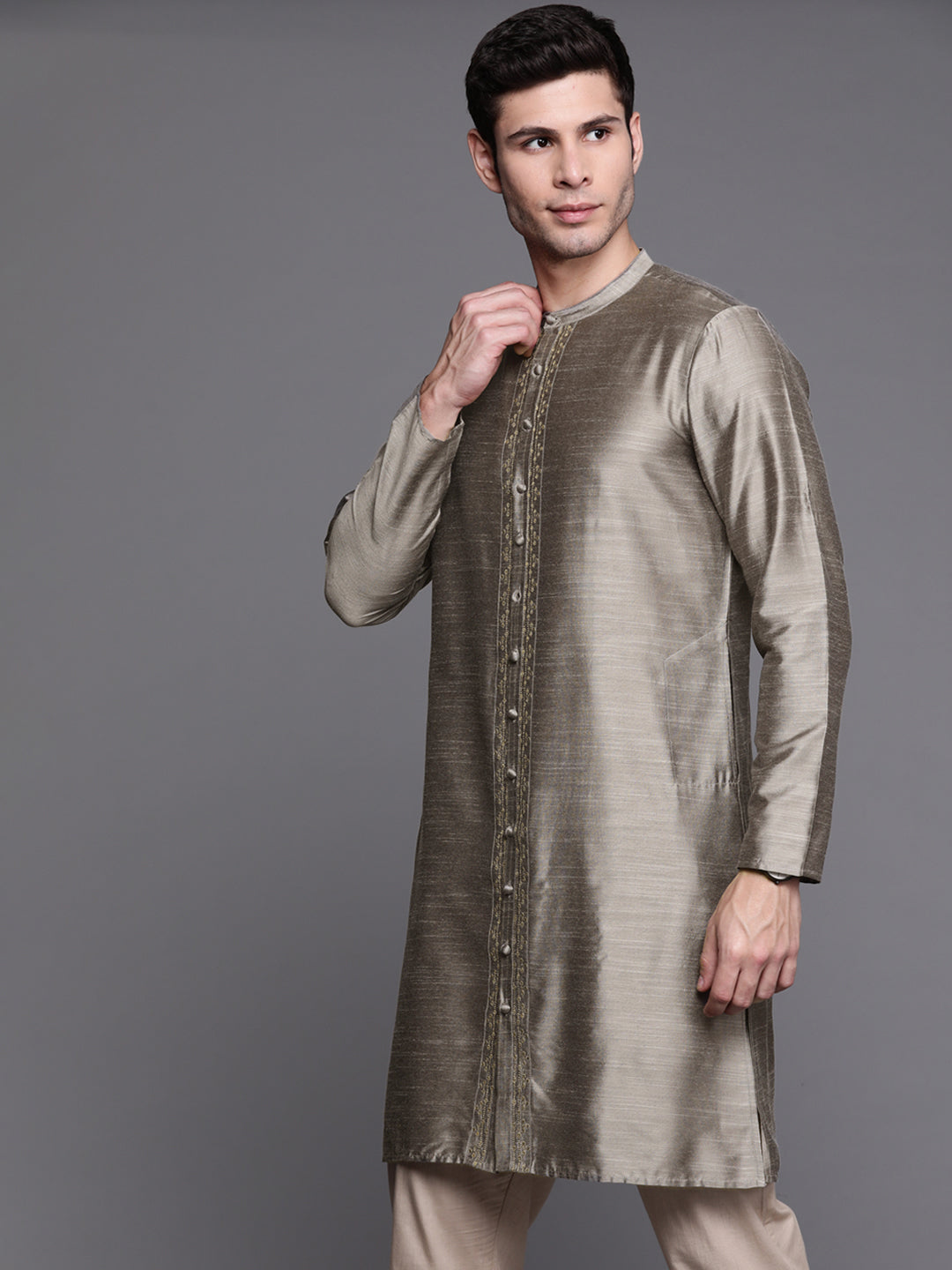 Indo Era Grey Embroidered Chanderi Cotton Straight Kurtas