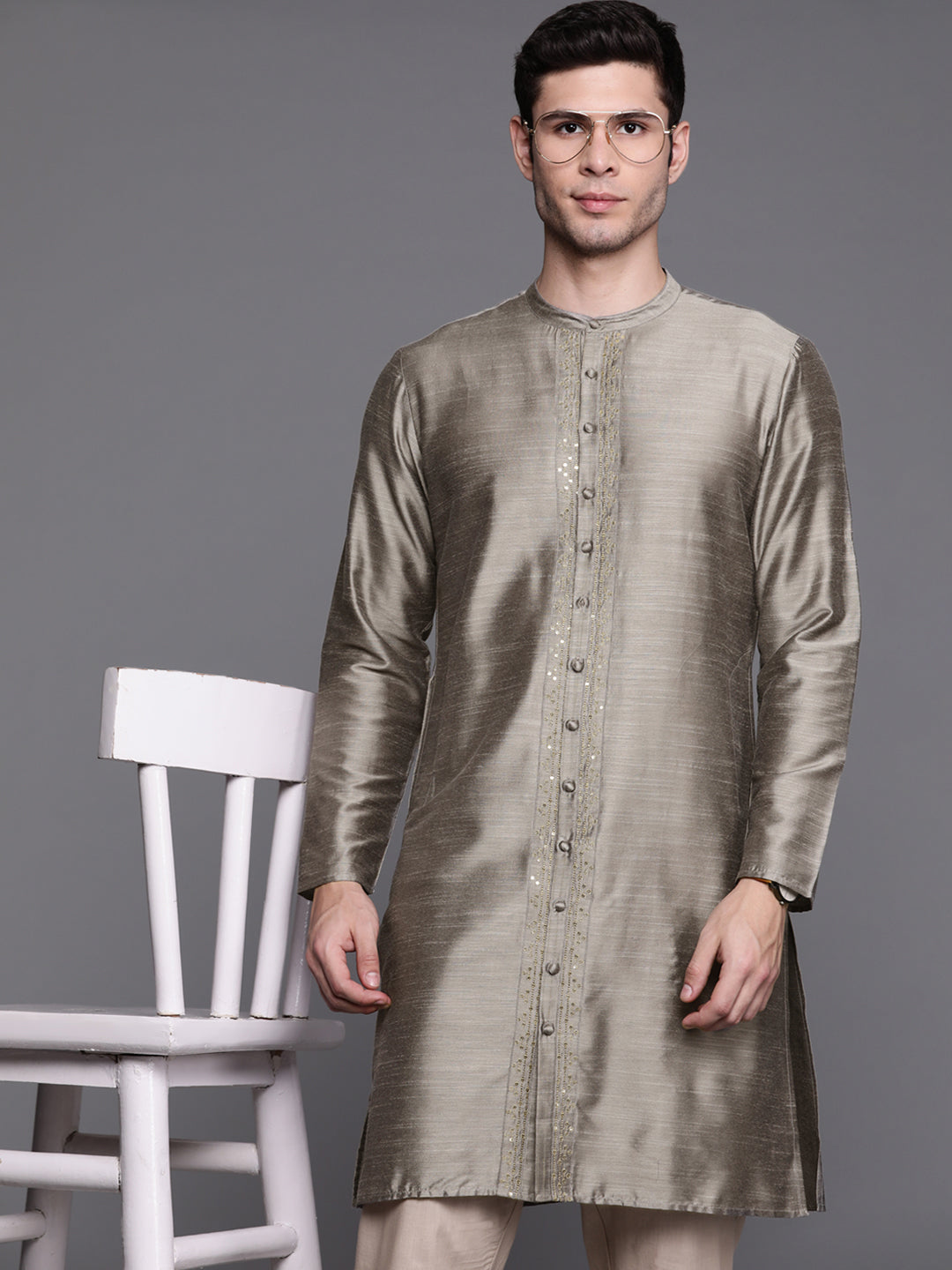 Indo Era Grey Embroidered Chanderi Cotton Straight Kurtas