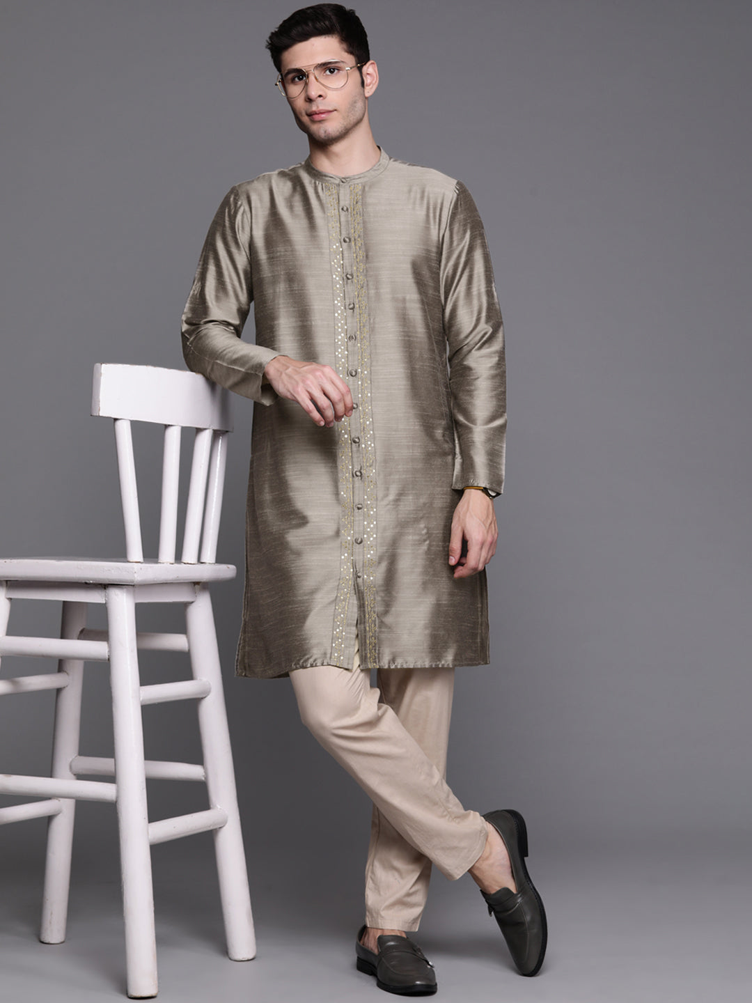 Indo Era Grey Embroidered Chanderi Cotton Straight Kurtas