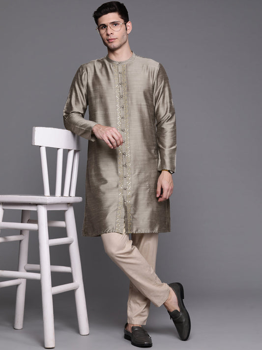 Indo Era Grey Embroidered Chanderi Cotton Straight Kurtas