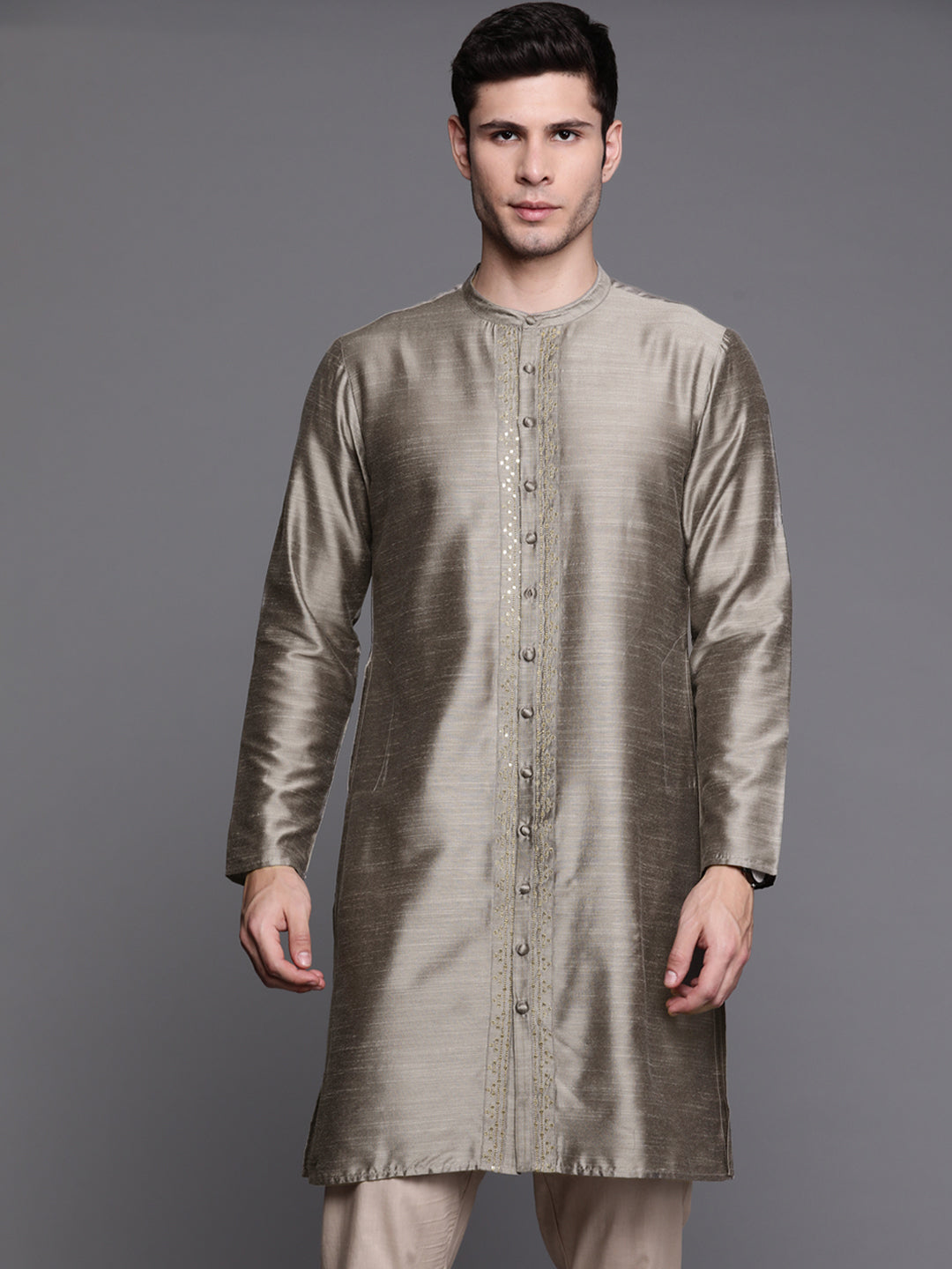 Indo Era Grey Embroidered Chanderi Cotton Straight Kurtas