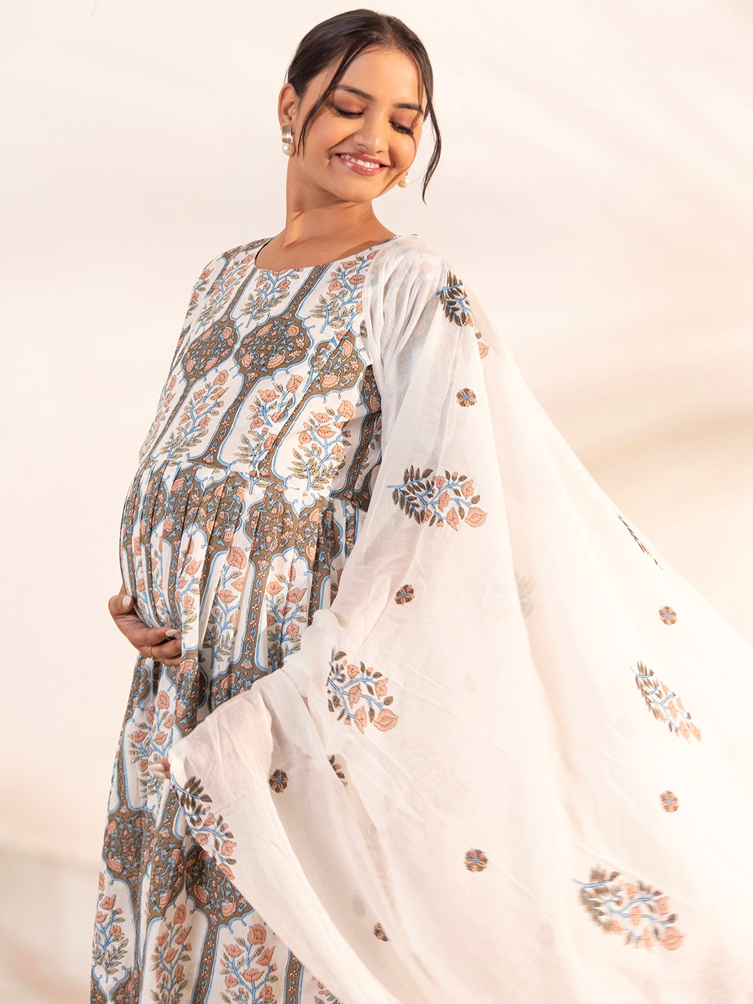 White Cotton Floral Flared Maternity Kurta Set