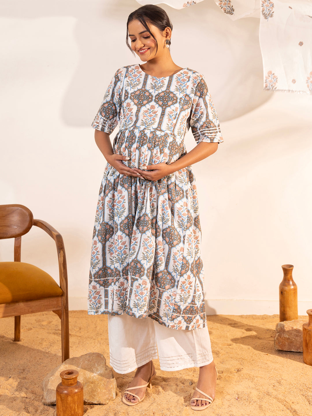 White Cotton Floral Flared Maternity Kurta Set