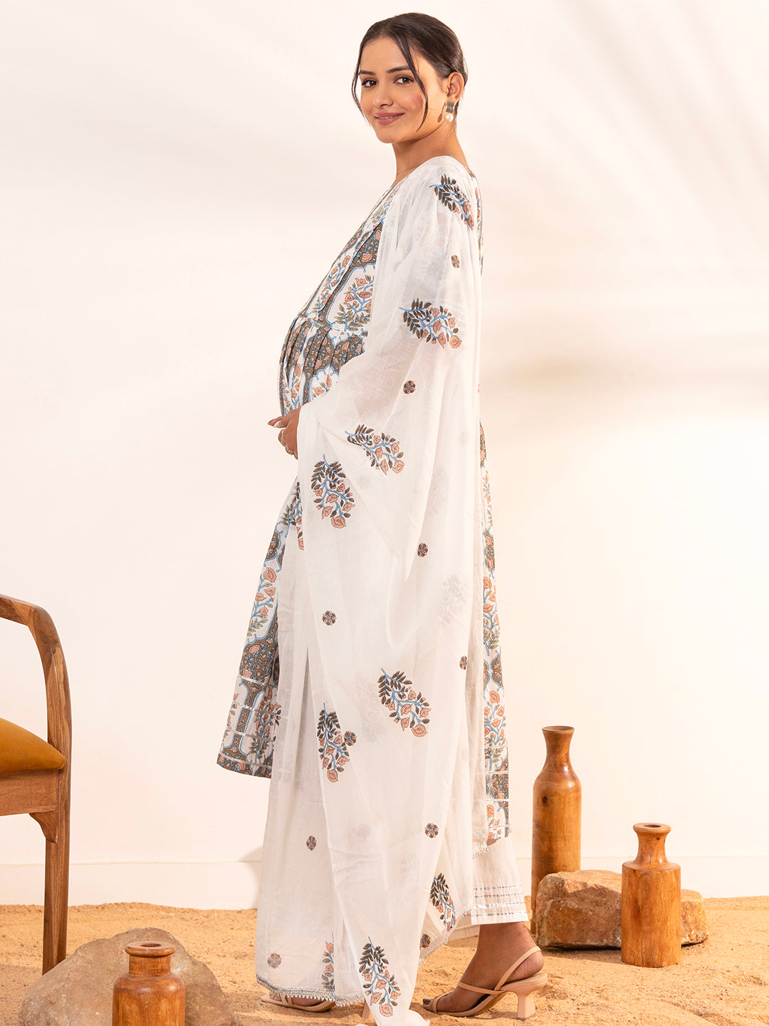 White Cotton Floral Flared Maternity Kurta Set