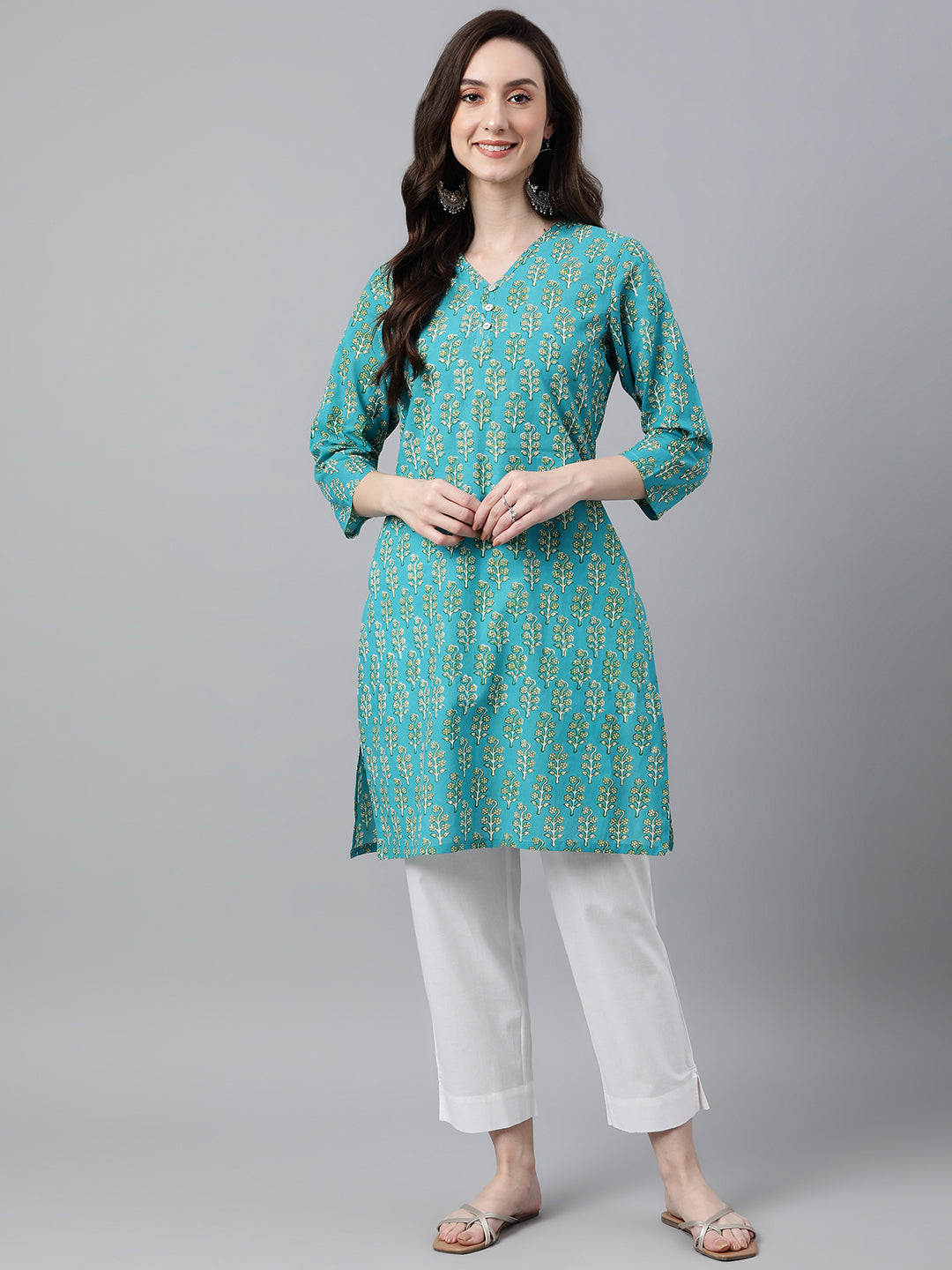 Casual Straight Turquois Cotton Block Printed Top Silae