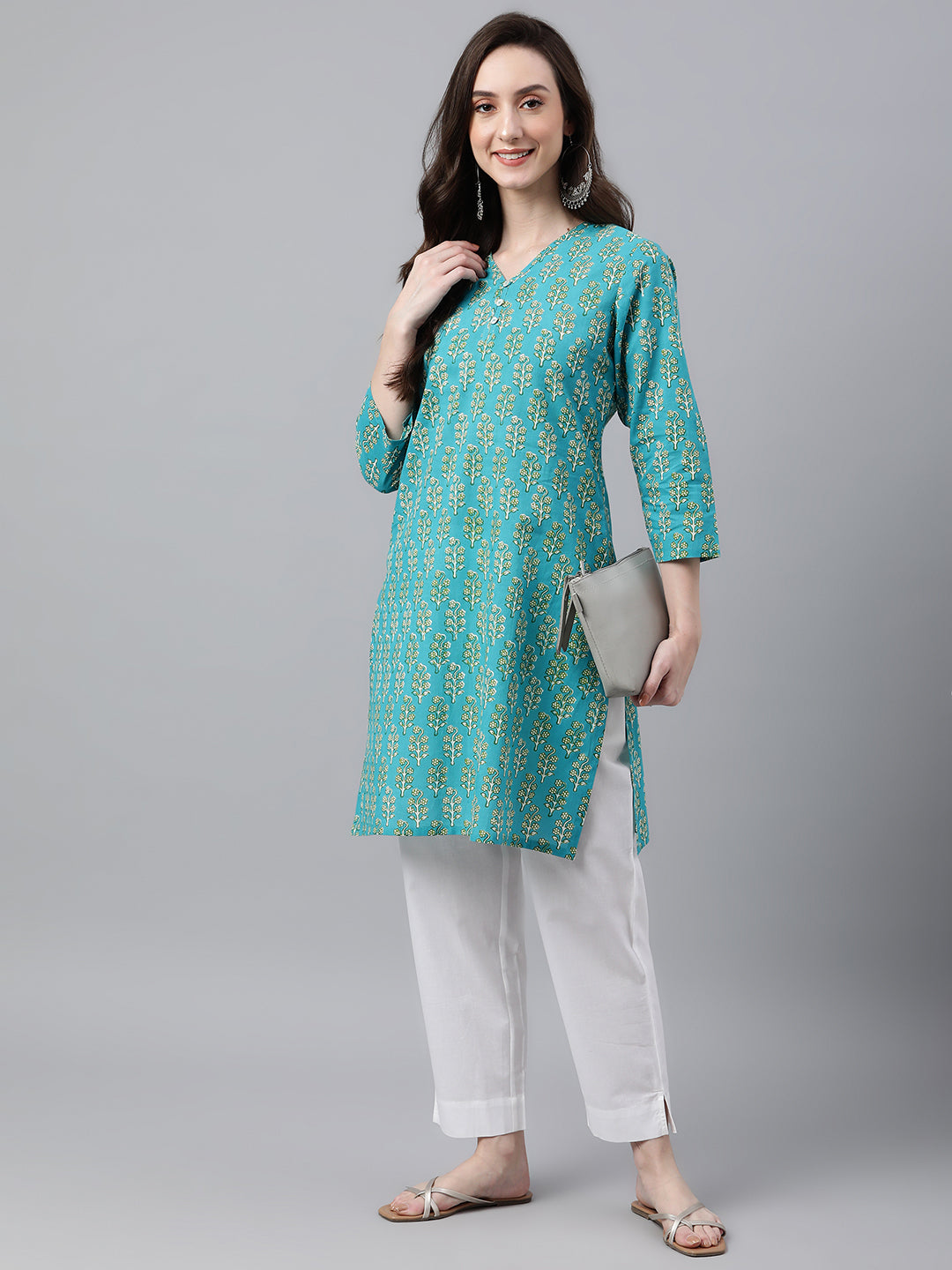 Casual Straight Turquois Cotton Block Printed Top Silae