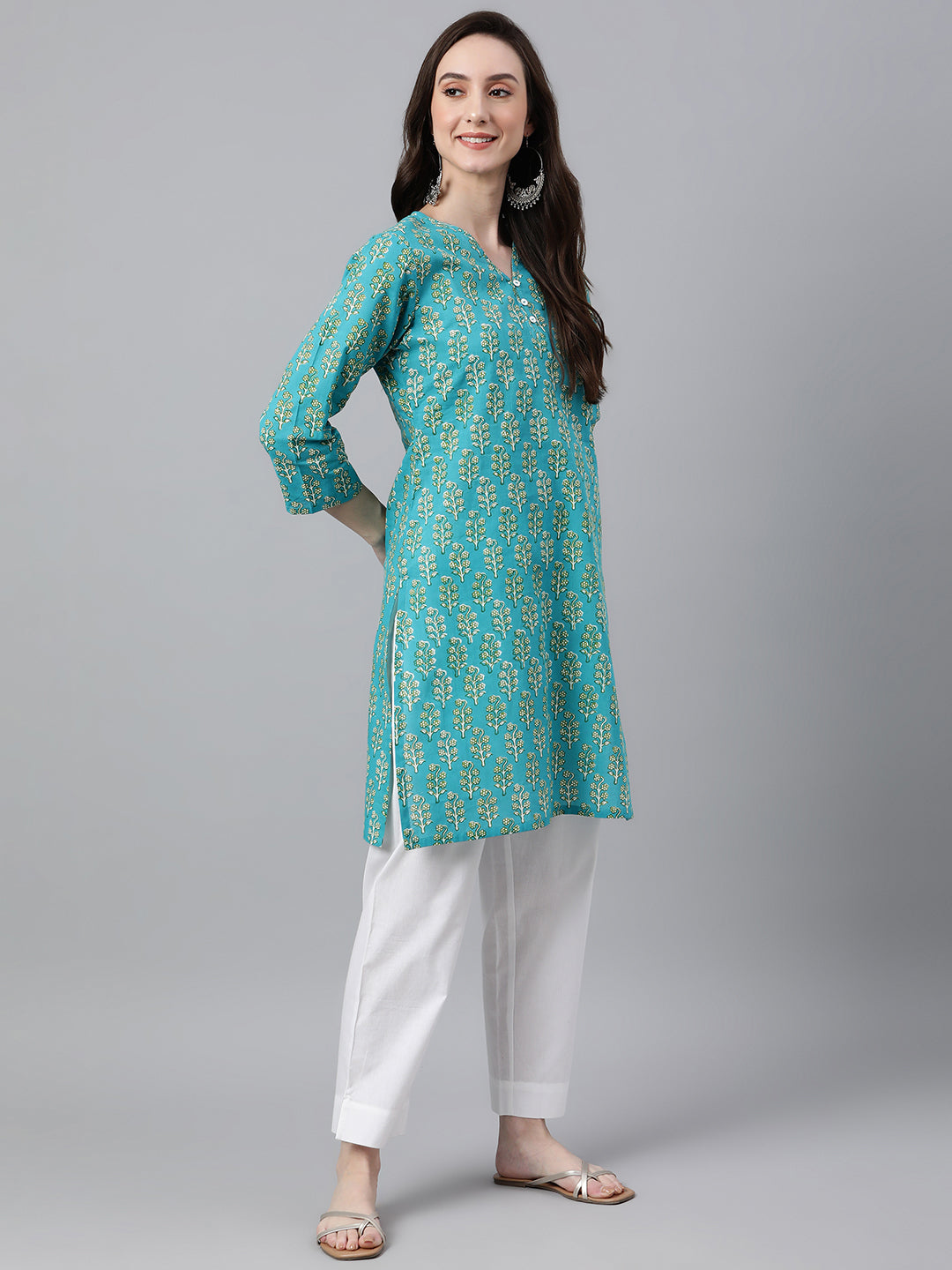 Casual Straight Turquois Cotton Block Printed Top Silae