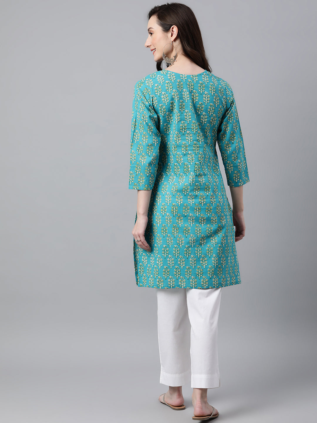 Casual Straight Turquois Cotton Block Printed Top Silae