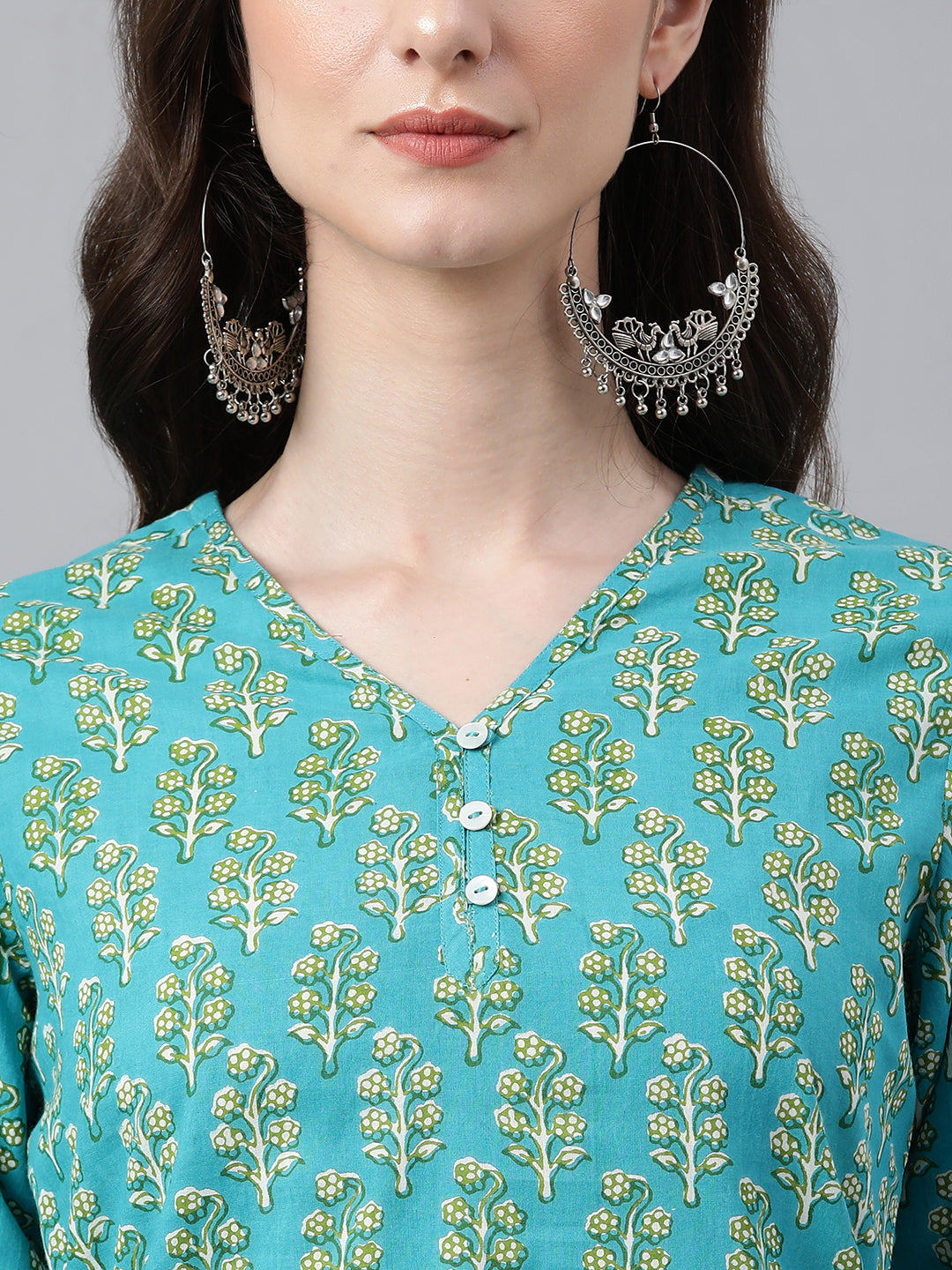 Casual Straight Turquois Cotton Block Printed Top Silae